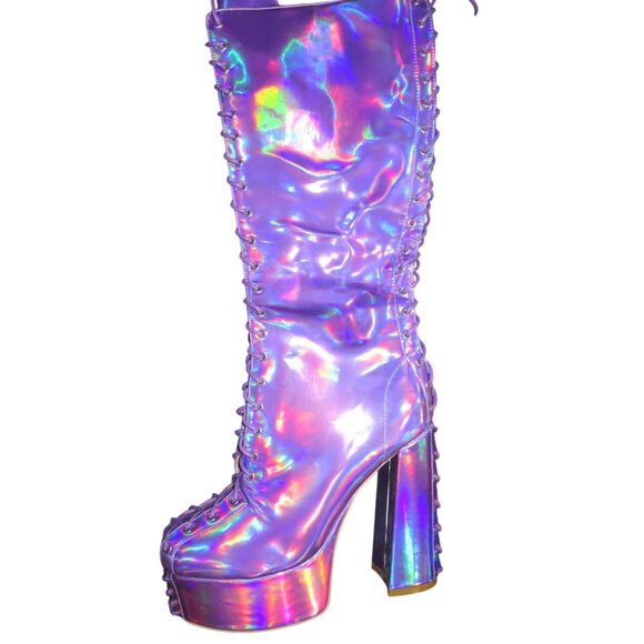Frankie Hsu Purple Hologram Oil Slick Platform lace Boots Patent vegan leather - Picture 5 of 14